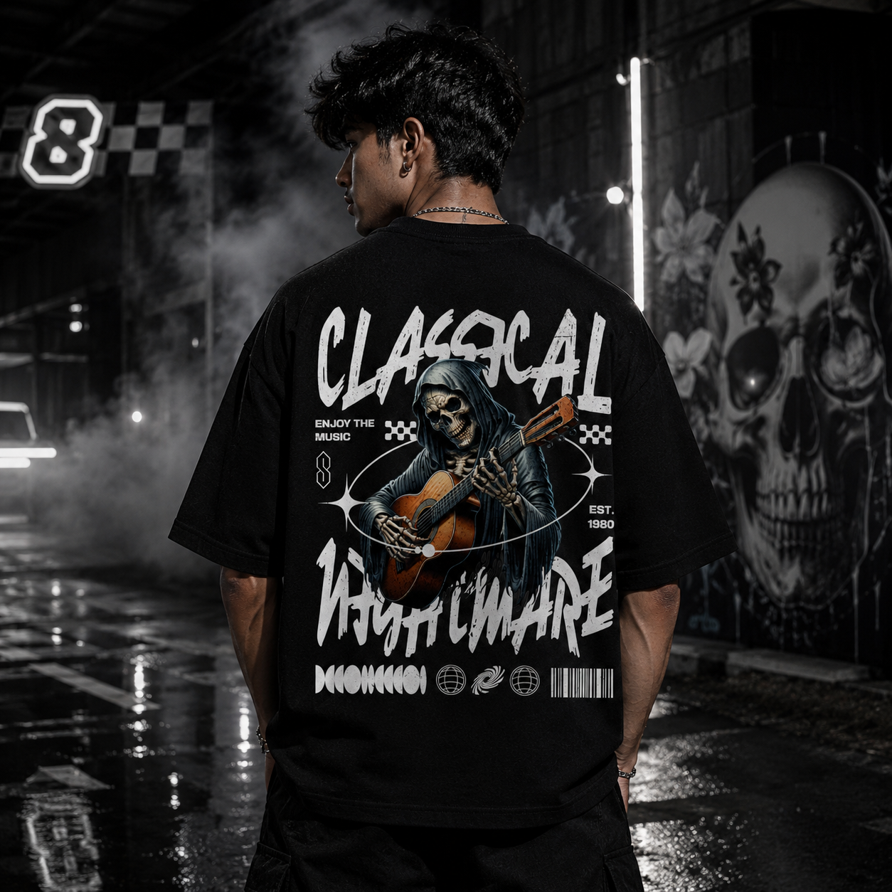 Classical Nightmare Skeleton Guitar Oversized Black T-Shirt