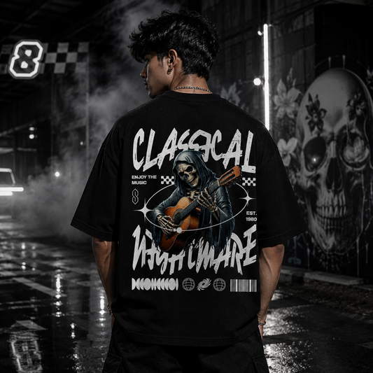 Classical Nightmare Skeleton Guitar Oversized Black T-Shirt