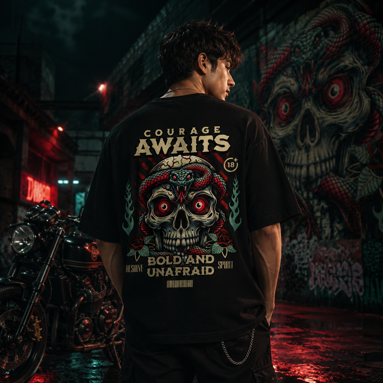 Courage Awaits Skull & Snake Oversized Black T-Shirt