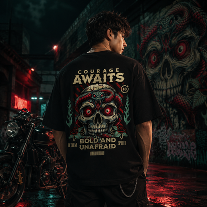 Courage Awaits Skull & Snake Oversized Black T-Shirt