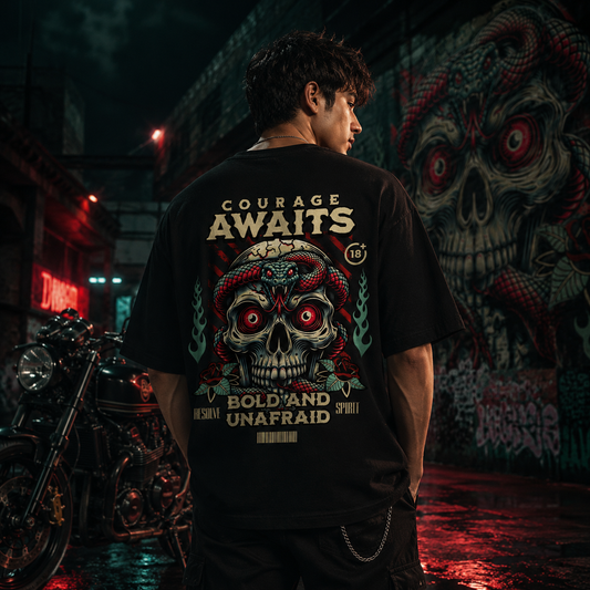 Courage Awaits Skull & Snake Oversized Black T-Shirt