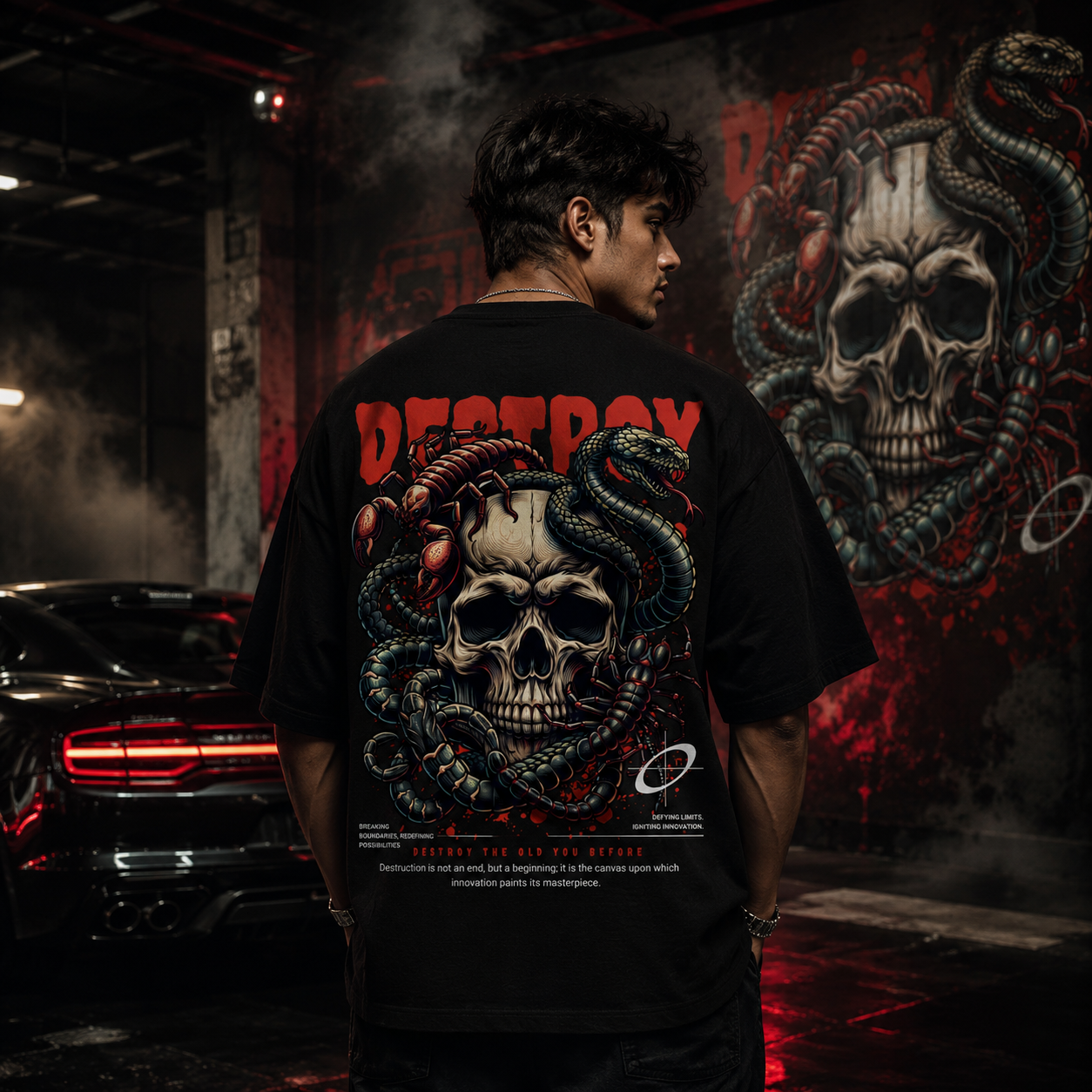 Destroy Skull Snake & Scorpion Oversized Black T-Shirt