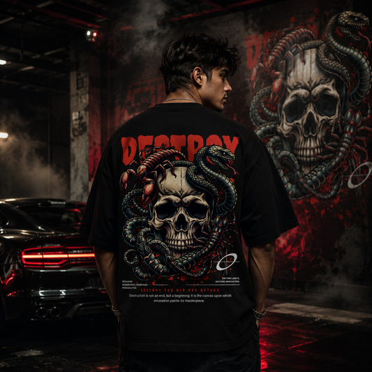 Destroy Skull Snake & Scorpion Oversized Black T-Shirt