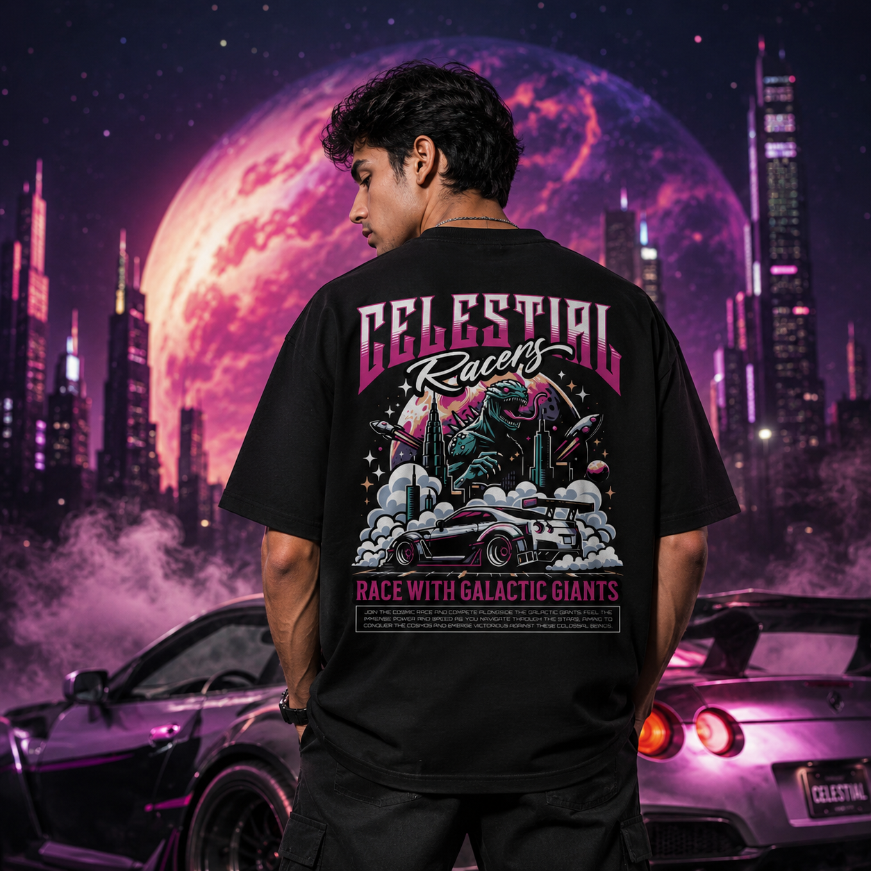 Celestial Racers Black Oversized T-Shirt