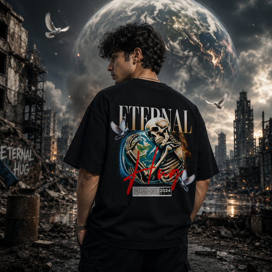 Eternal Hug Skeleton Earth Oversized Black T-Shirt