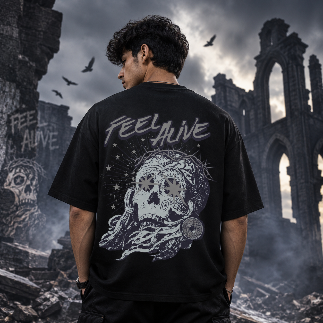 Feel Alive Cosmic Skull Oversized Black T-Shirt
