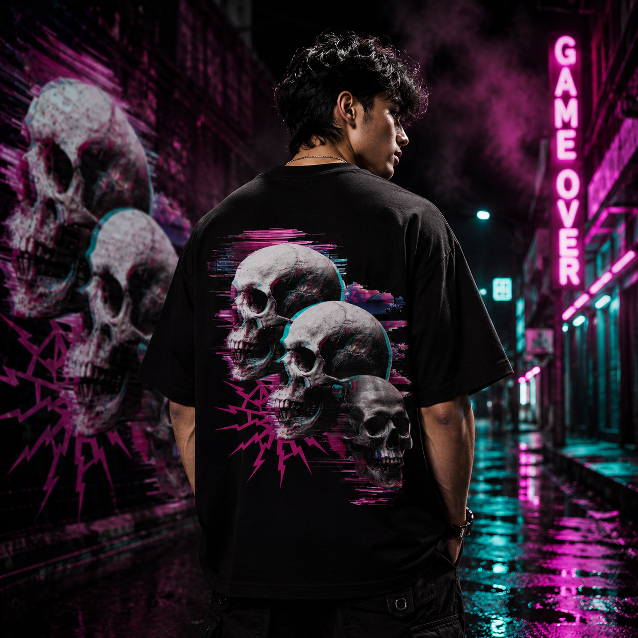 Glitch Triple Skull Oversized Black T-Shirt