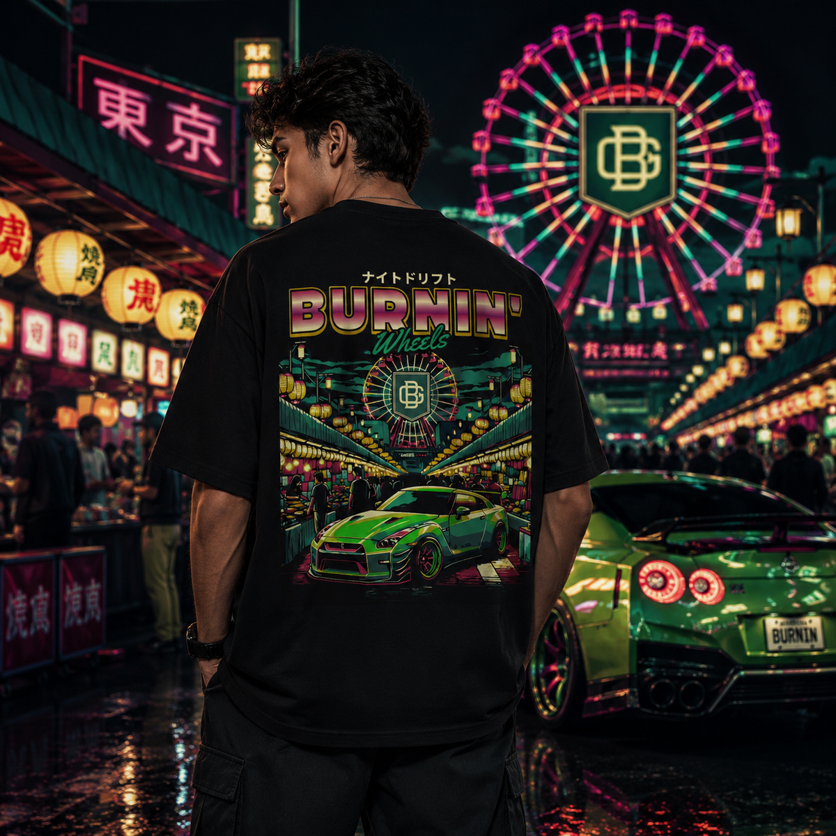 Burnin Wheels Black Oversized T-Shirt