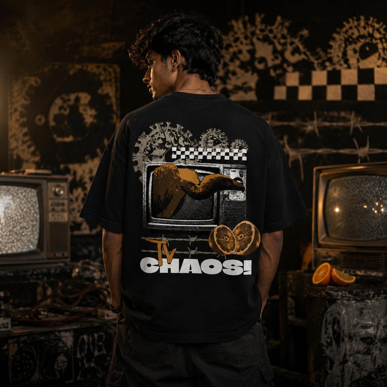 TV Chaos Black Oversized T-Shirt