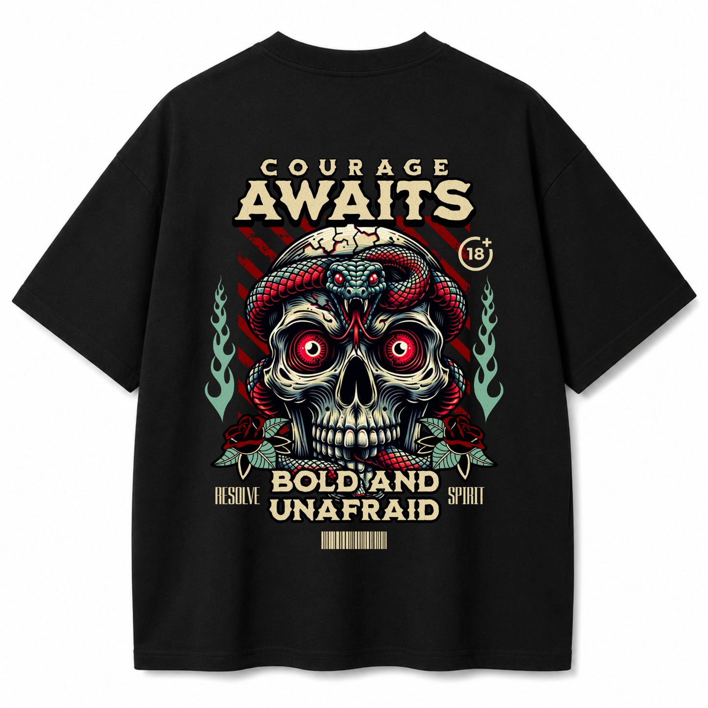 Courage Awaits Skull & Snake Oversized Black T-Shirt