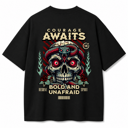 Courage Awaits Skull & Snake Oversized Black T-Shirt