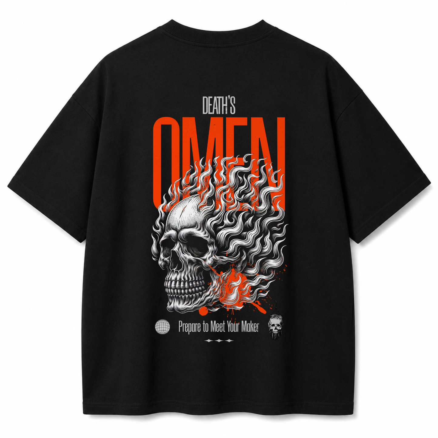 Death's Omen Flaming Skull Oversized Black T-Shirt