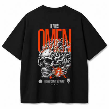 Death's Omen Flaming Skull Oversized Black T-Shirt