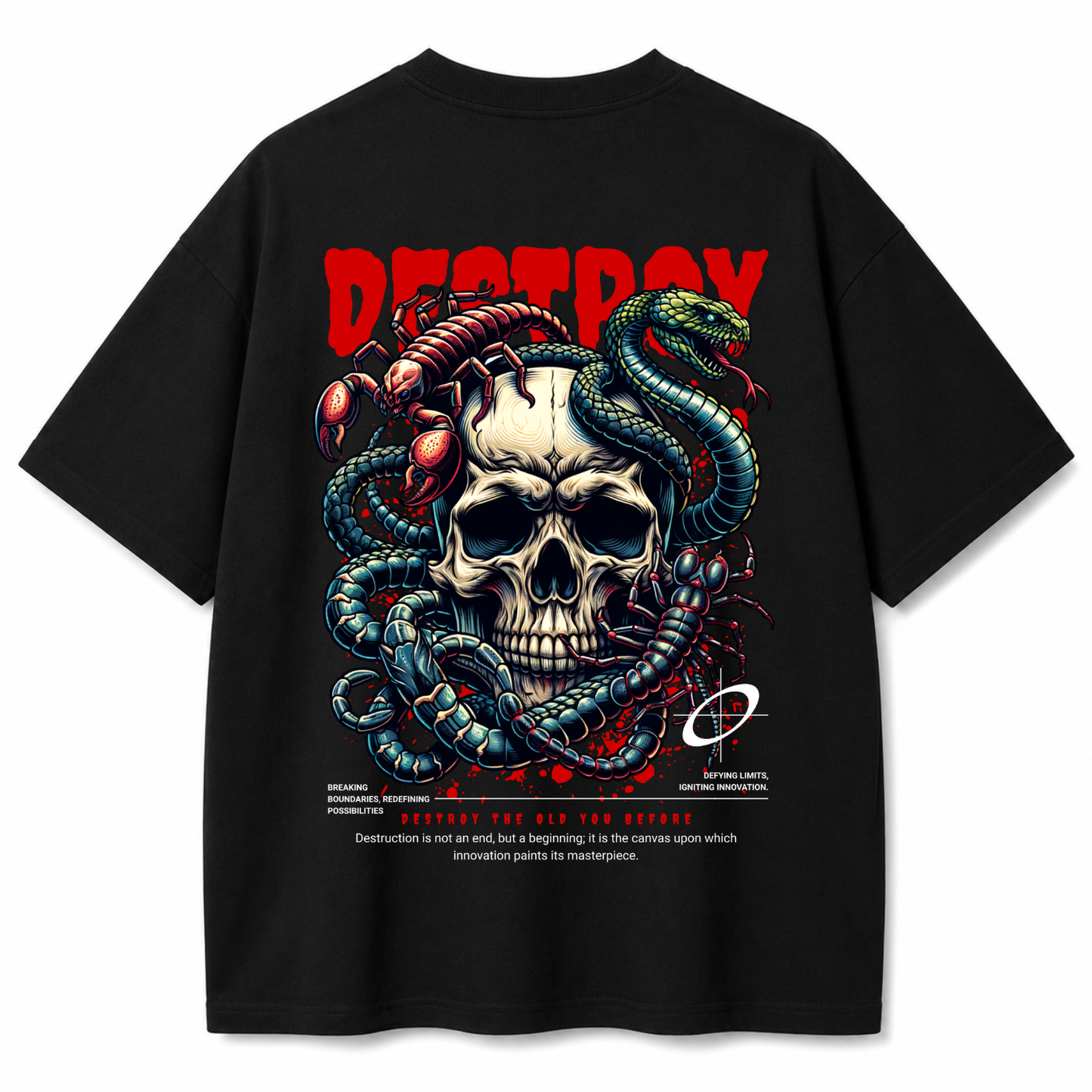 Destroy Skull Snake & Scorpion Oversized Black T-Shirt