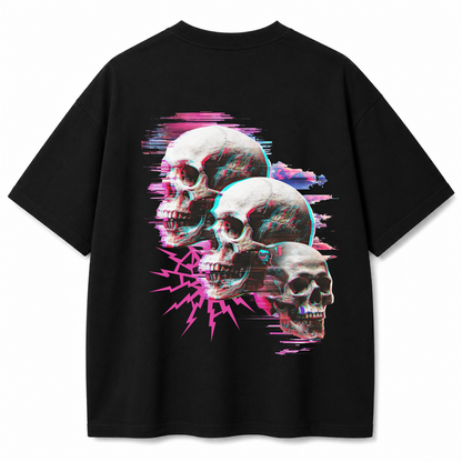 Glitch Triple Skull Oversized Black T-Shirt
