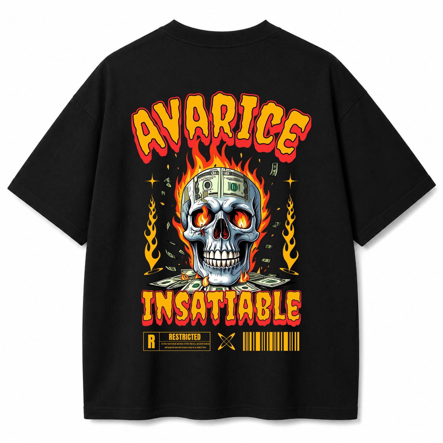 Avarice Insatiable Skull Oversized Black T-Shirt