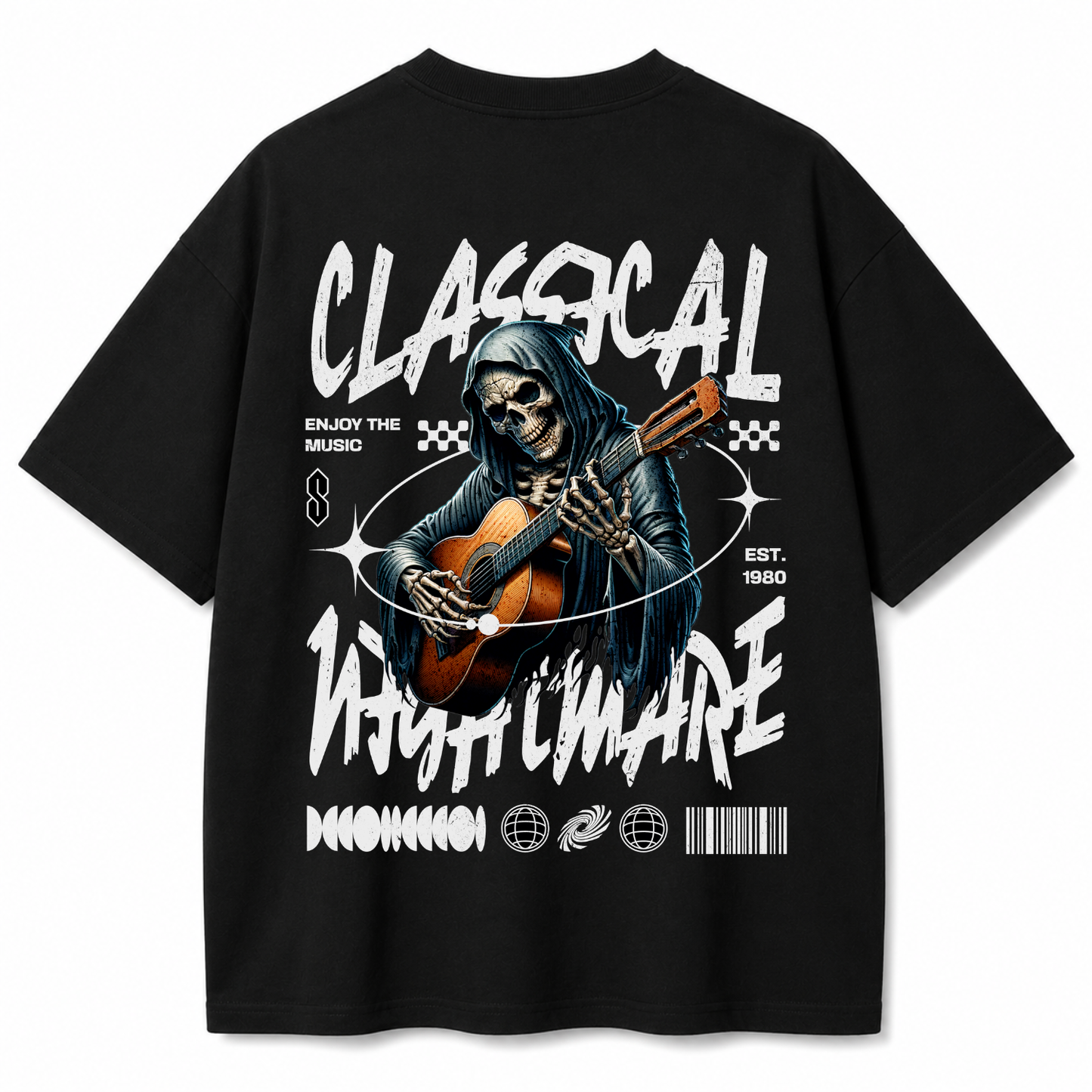Classical Nightmare Skeleton Guitar Oversized Black T-Shirt