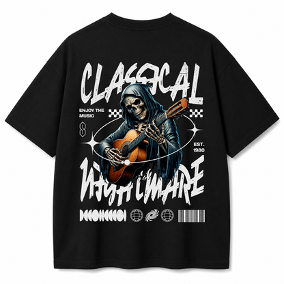 Classical Nightmare Skeleton Guitar Oversized Black T-Shirt